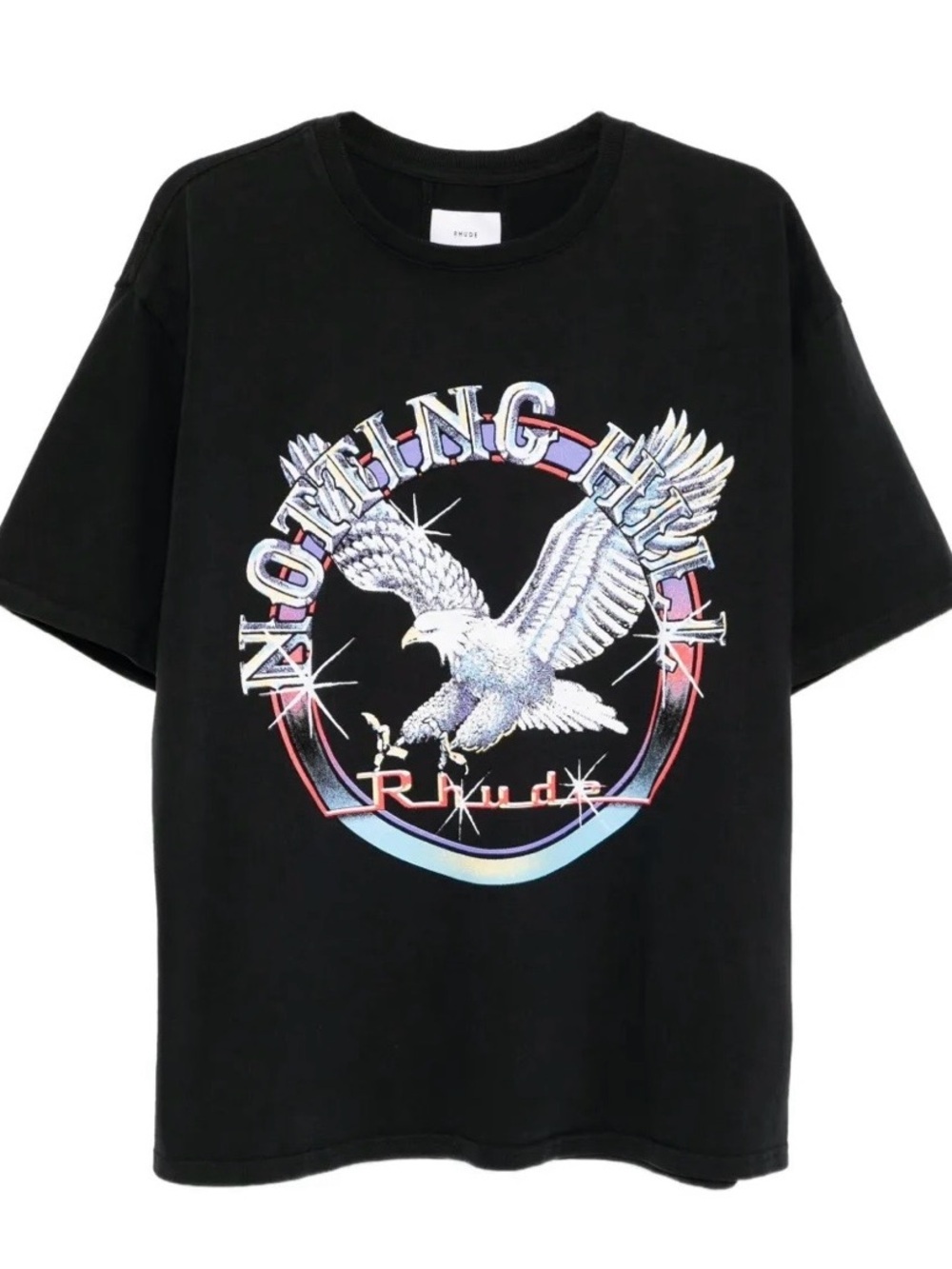 Rhude Black Graphic Tee with Multi-Color Eagle Print Size Medium